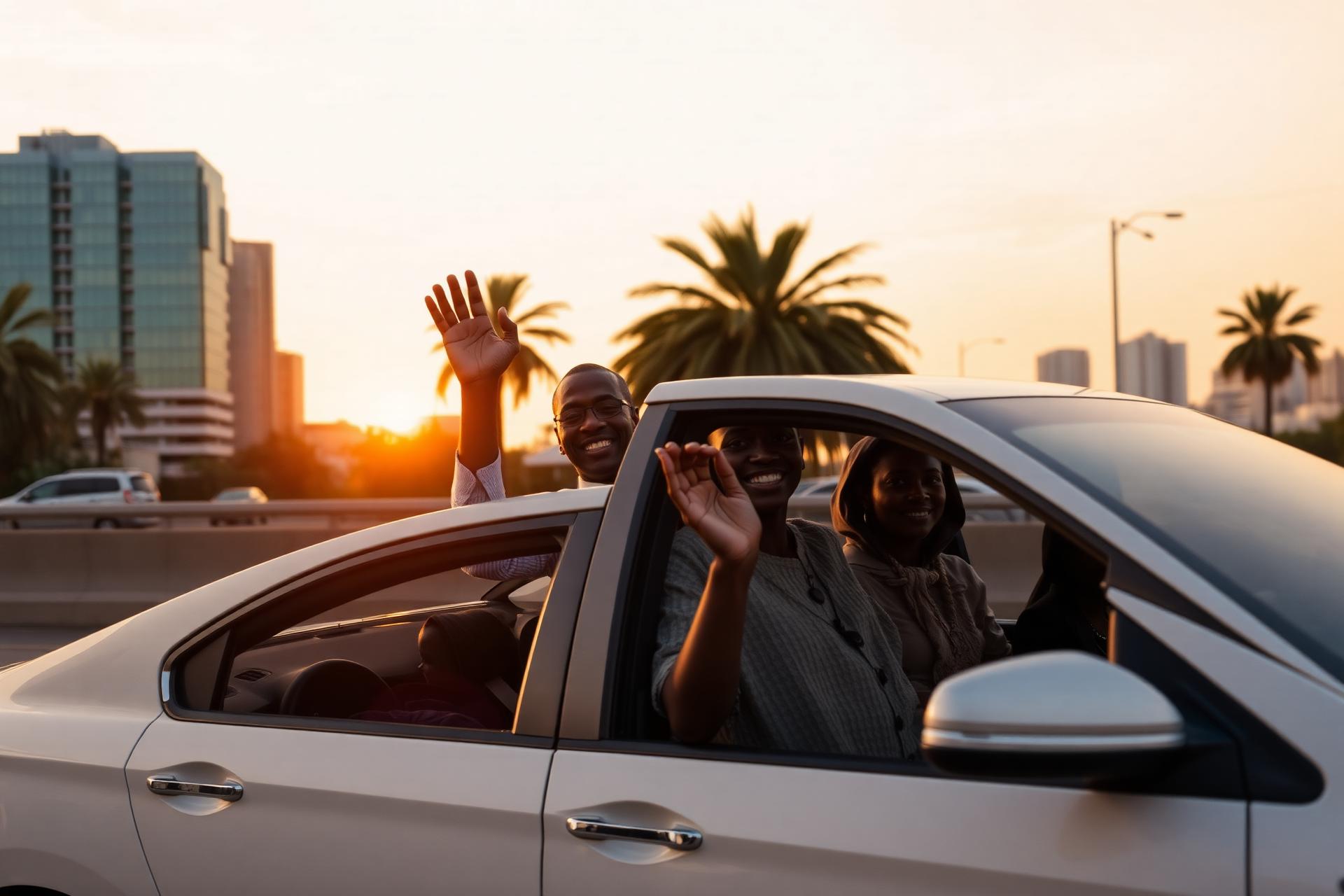 Friends sharing a ride at sunset in Nairobi